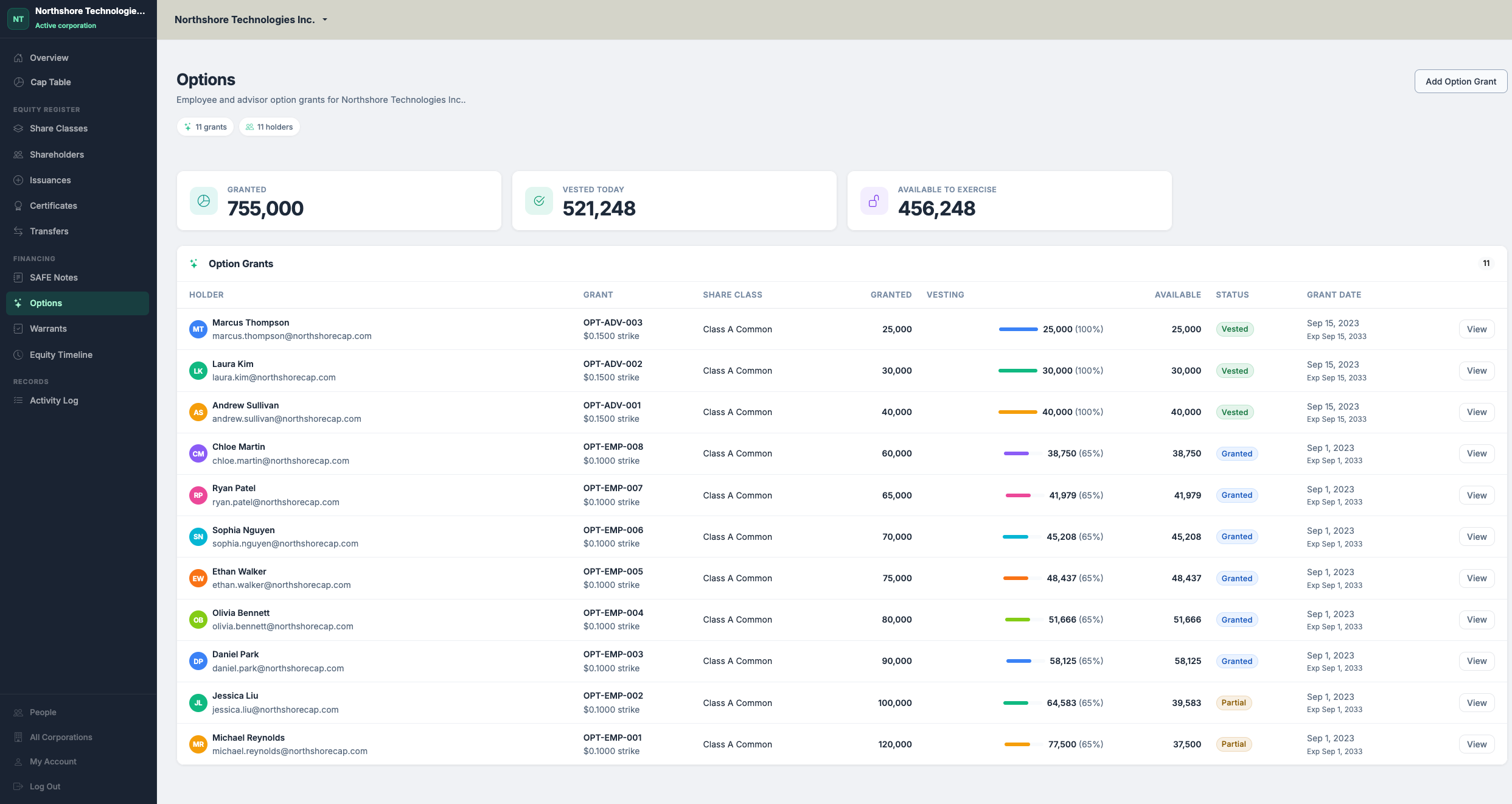 Option grants table showing vested shares, grant status, and totals